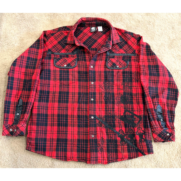 Vintage Clench Flannel Shirt Mens Large Embroidered Lumberjack Snaps Western 2XL - Picture 1 of 12